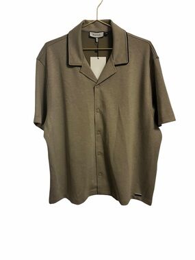 Mauvais Mens Taupe Short Sleeve Camp Collar Button Up Shirt Piped Trim NWT 3XL